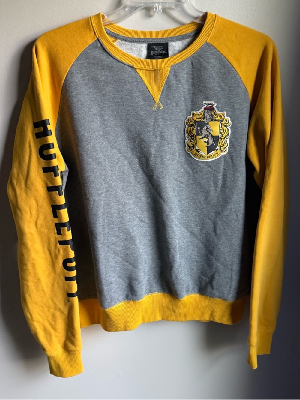 Hufflepuff Crewneck Sweatshirt With Spell out Sleeve And Crest Large Wizarding